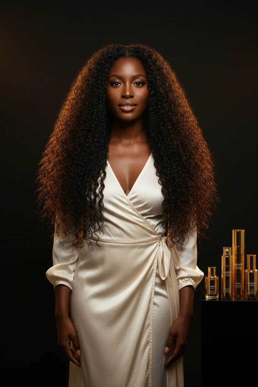 Woman with voluminous curly hair beside luxury hair care products for scalp detox and protective styles