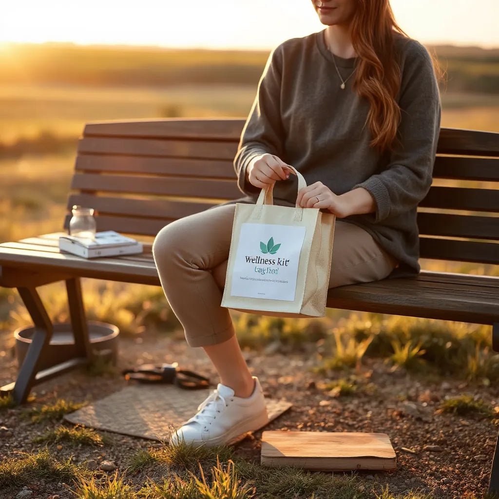 Person holding a small wellness kit while seated on a bench, with a stable balance pad on the ground nearby