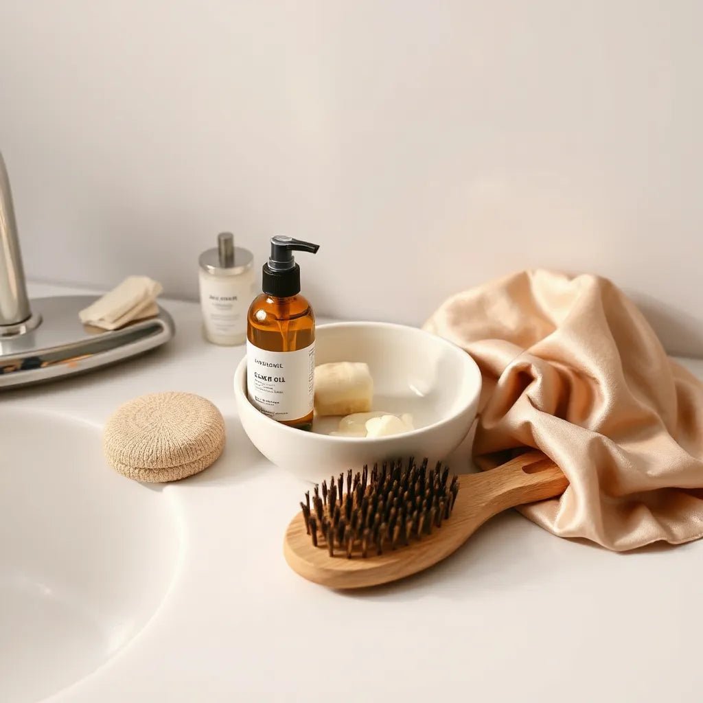 Arranged braids reset kit items on a bathroom counter with oil, spray, brush, and towel