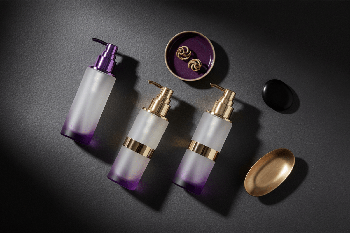 4-product ritual system flat lay — charcoal + purple