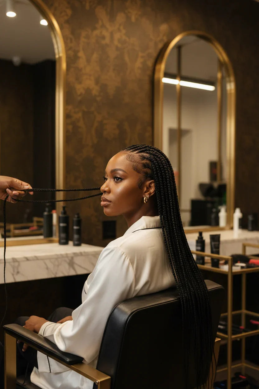 Woman getting box braids installed in luxury salon, perfect for protective styles & scalp care prep