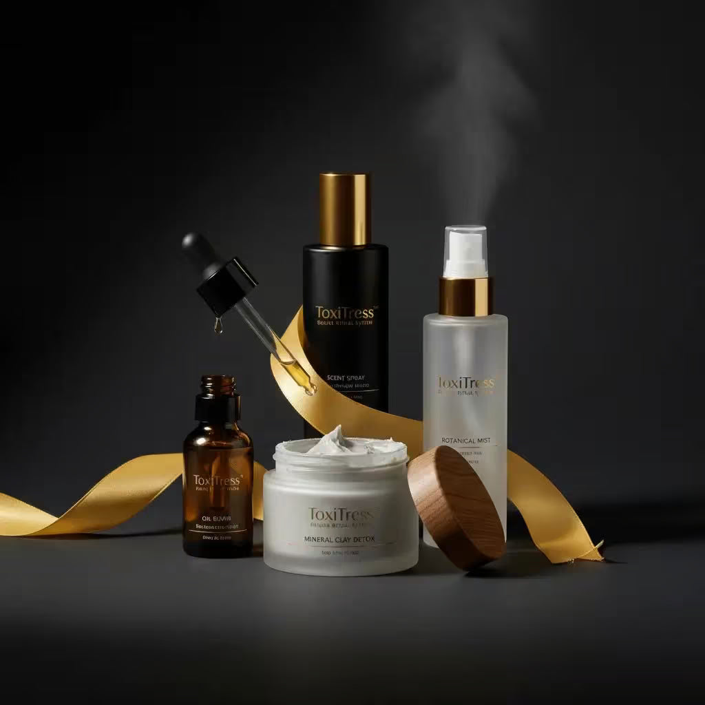 ToxiTress™ Deluxe Ritual System with four layers for scalp reset, featuring complete scalp treatment kit with bottles and applicators.