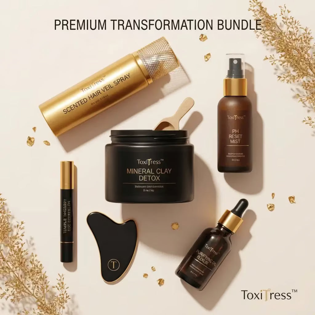 ToxiTress™ Premium Scalp Transformation Bundle including full 4-layer ritual, edge recovery, and scented treatment in a sleek package.