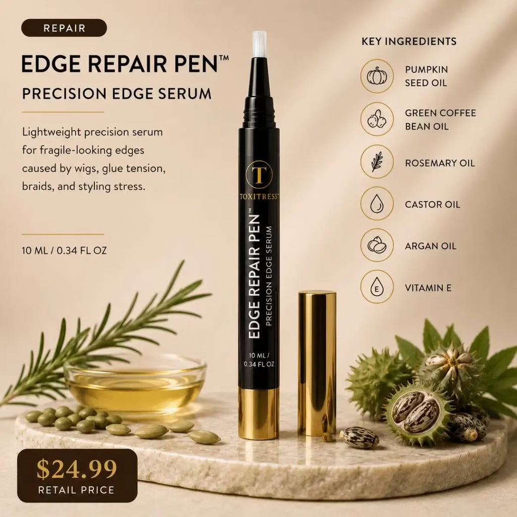 ToxiTress™ Premium Transformation Bundle with full 4-layer scalp ritual, edge recovery, and scented treatment in a sleek package.