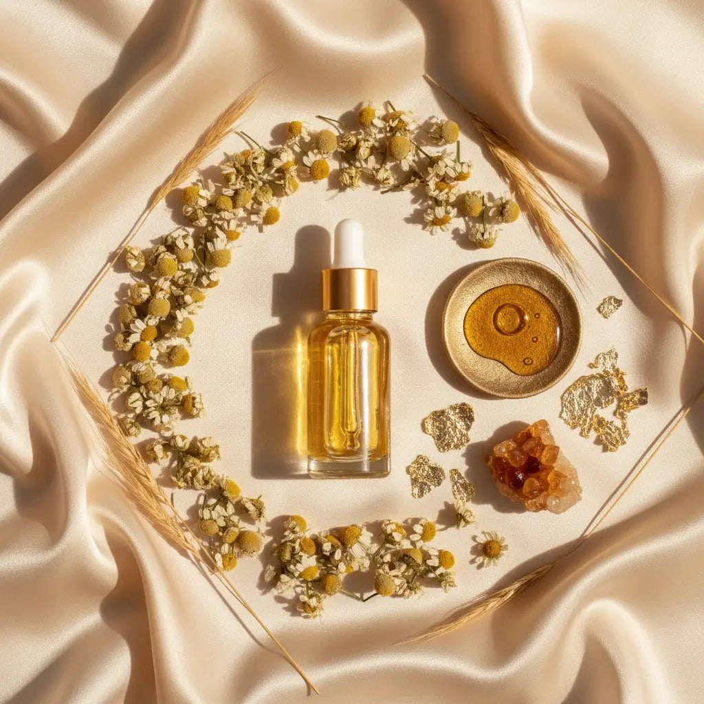 PURIFY™ Flat Lay — Gold Silk Layout