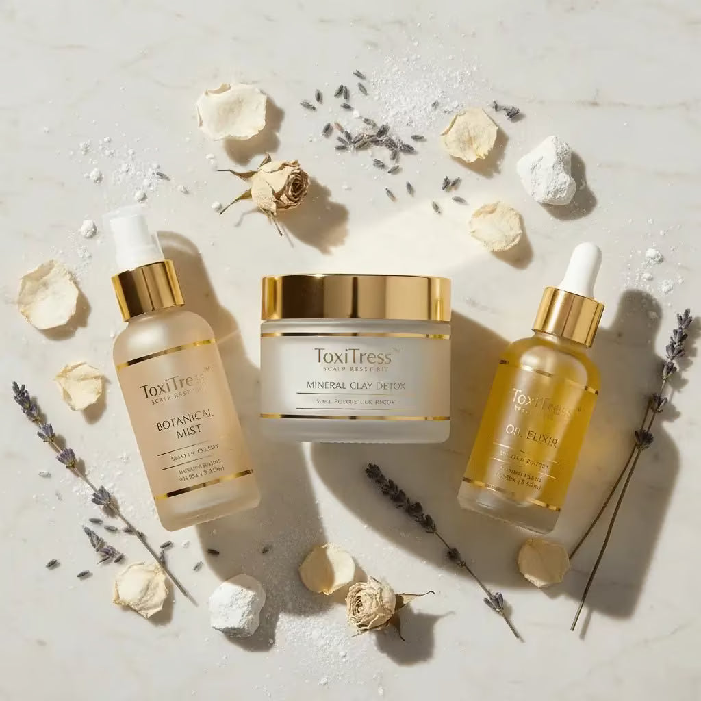 ToxiTress™ Scalp Reset Kit with three-step pre-install ritual for scalp care, featuring bottles and applicators in the kit.