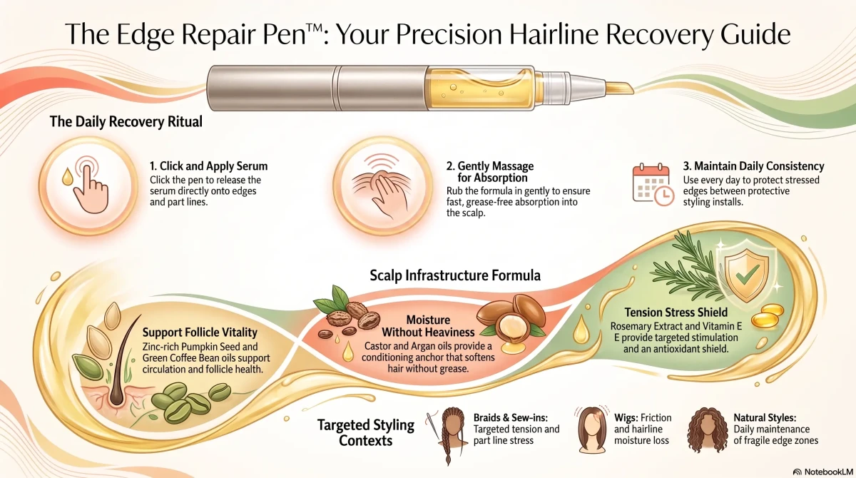 ToxiTress EDGE REPAIR PEN™ scalp treatment serum for precise hairline recovery, shown in a sleek pen applicator.