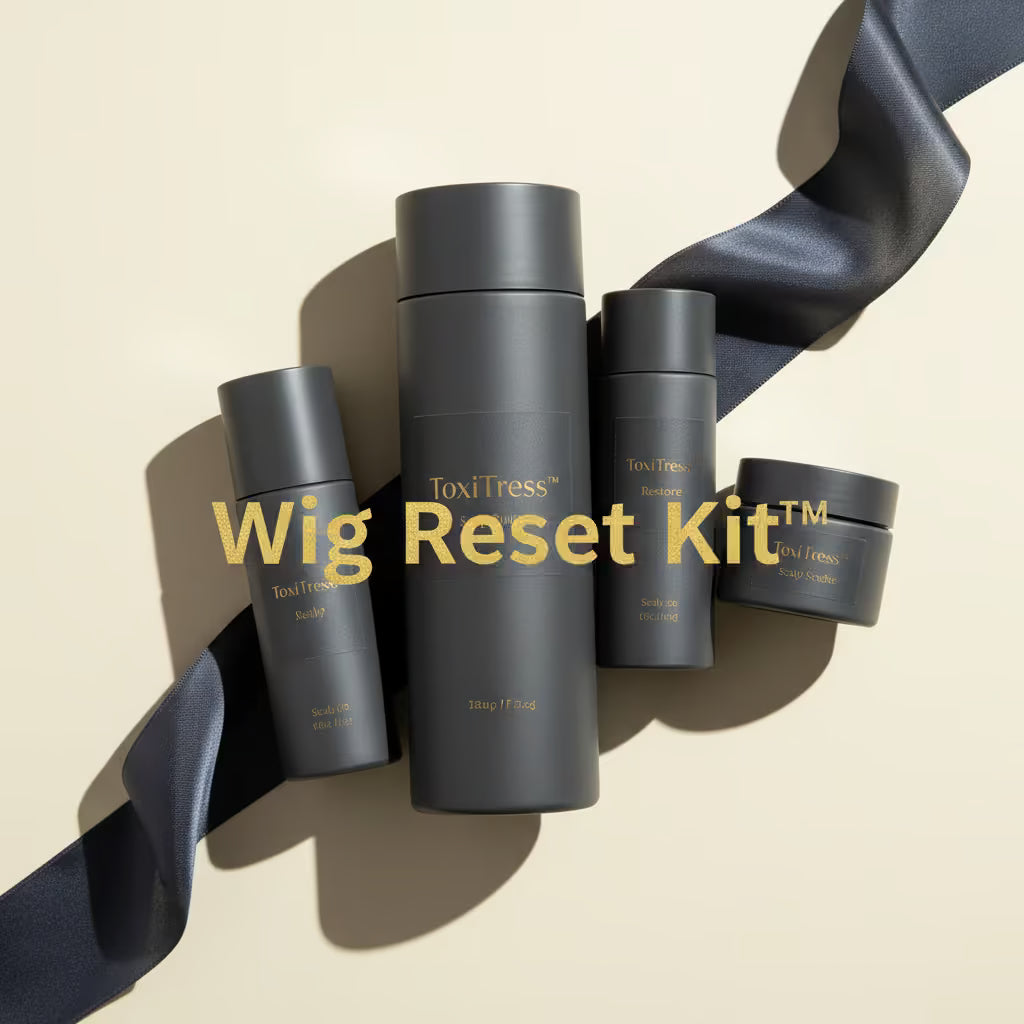 ToxiTress™ Wig Reset Kit bundle with scalp detox products for pre-wig installation, featuring bottles and applicator in a compact set.